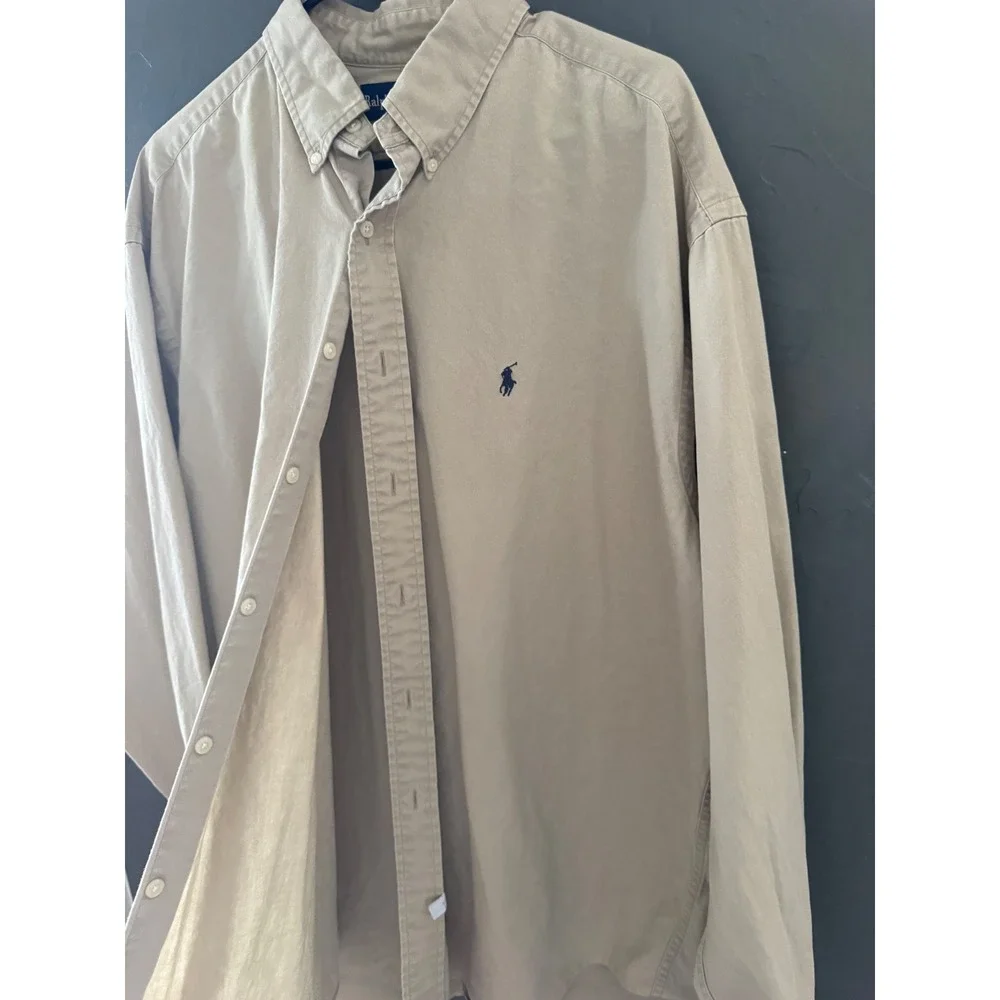 Polo Ralph Vtg Lauren Mens Tan Khaki Cotton Twill Button Down Shirt Long Sl XL